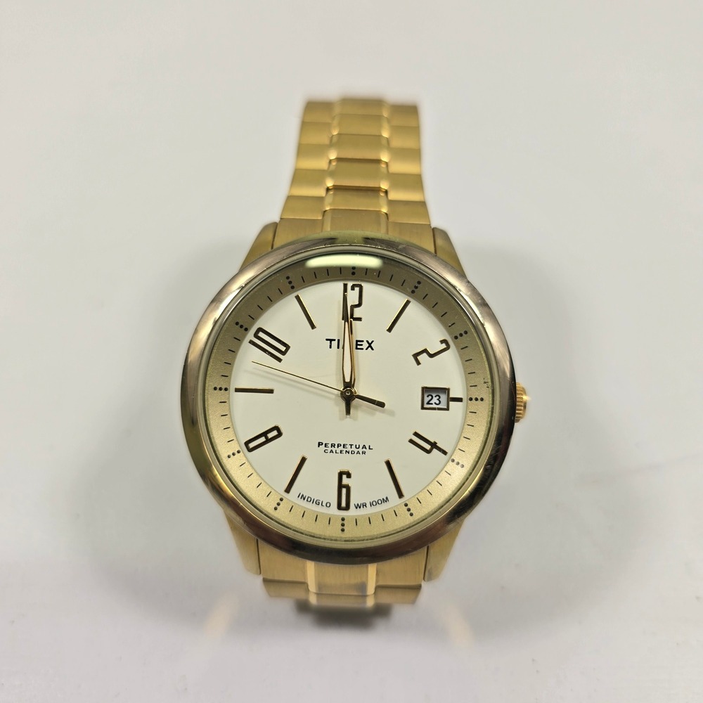 Timex Watch Perpetual Calendar Indiglo Gold Tone Mens WR 100M White Dial P7 - Picture 2 of 6